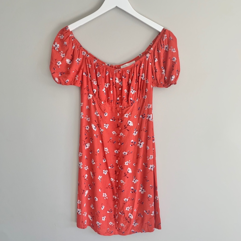 Red floral print off shoulder dress
